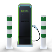 Impact protection bollards | as e-charging post protection |  152 mm | hot-dip galvanized and white powder-coated with 3 green reflective strips foil type RA1/A | To be fixed by plugs